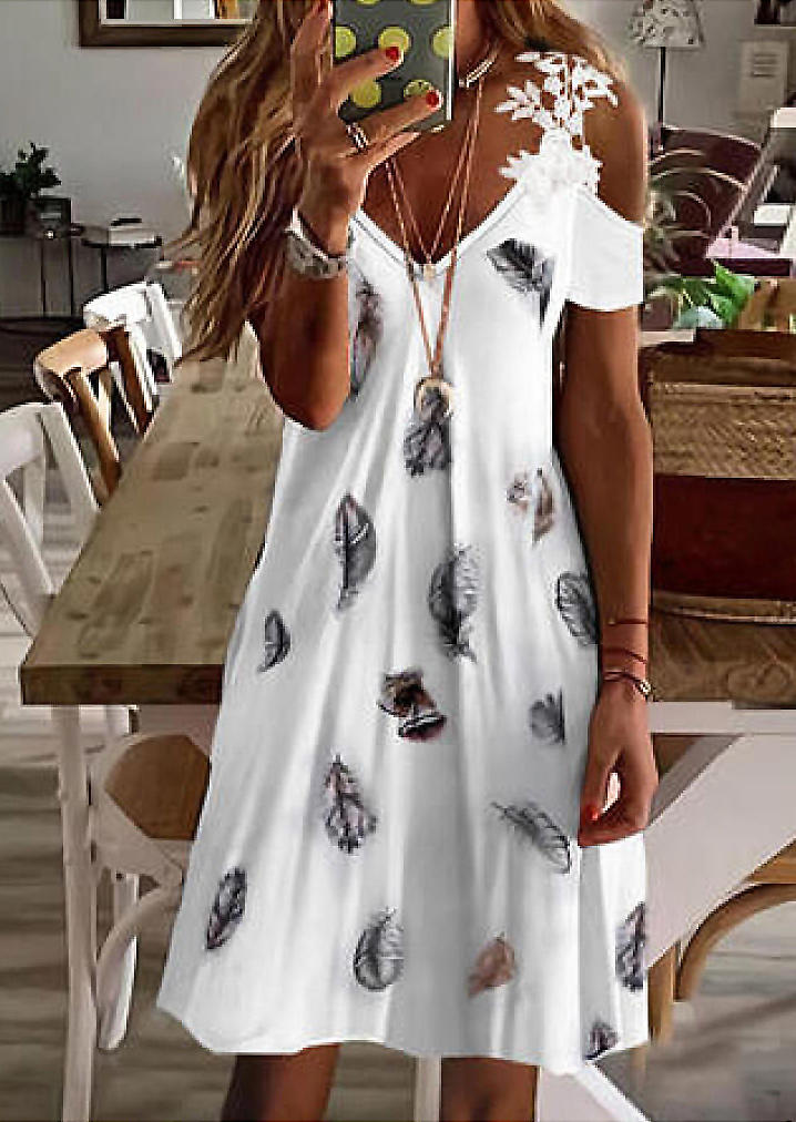 

Feather Lace Cold Shoulder Mini Dress - White, FZ002611
