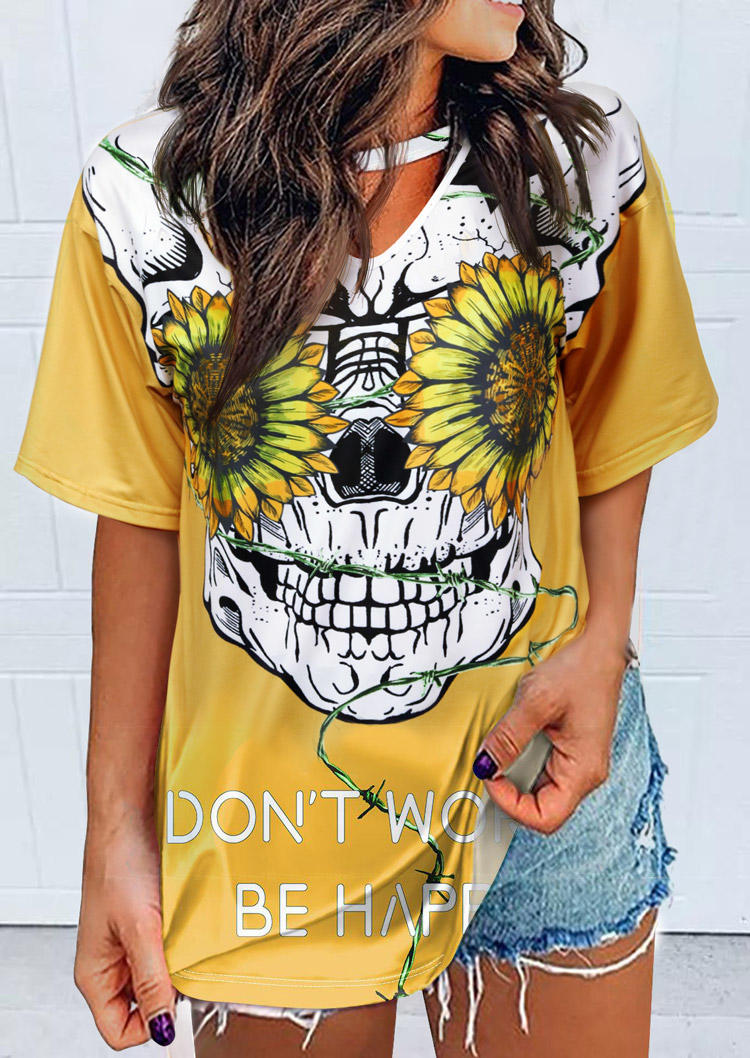 

Sunflower Skull Don't Worry Be Happy Keyhole Neck Blouse - Yellow, 512530