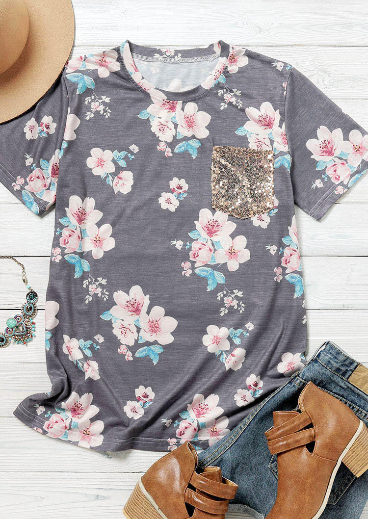 

Floral Sequined Pocket O-Neck Blouse - Gray, 512537