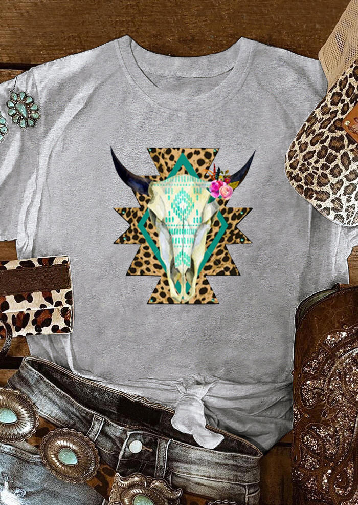 

Steer Skull Floral Leopard Aztec Geometric T-Shirt Tee - Gray, 512930