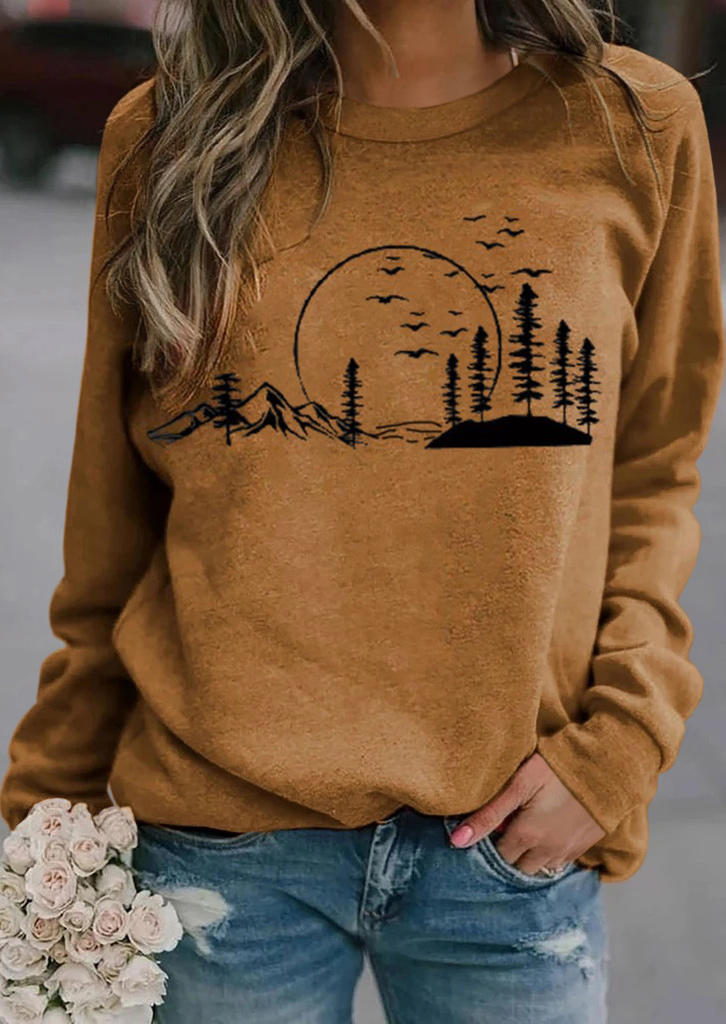 

Tree Mountain Sunset Long Sleeve T-Shirt Tee - Light Brown, 513086