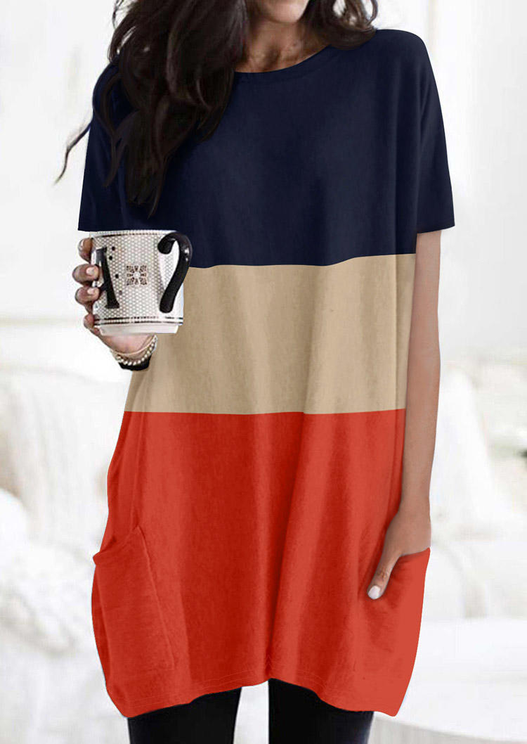 

Color Block Pocket Short Sleeve Mini Dress, Multicolor, 513106