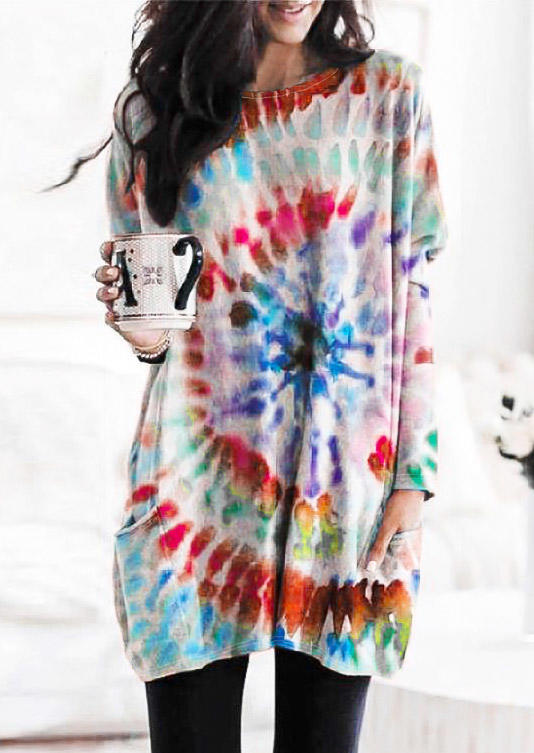 

Swirl Tie Dye Pocket Long Sleeve Mini Dress, Multicolor, 513110