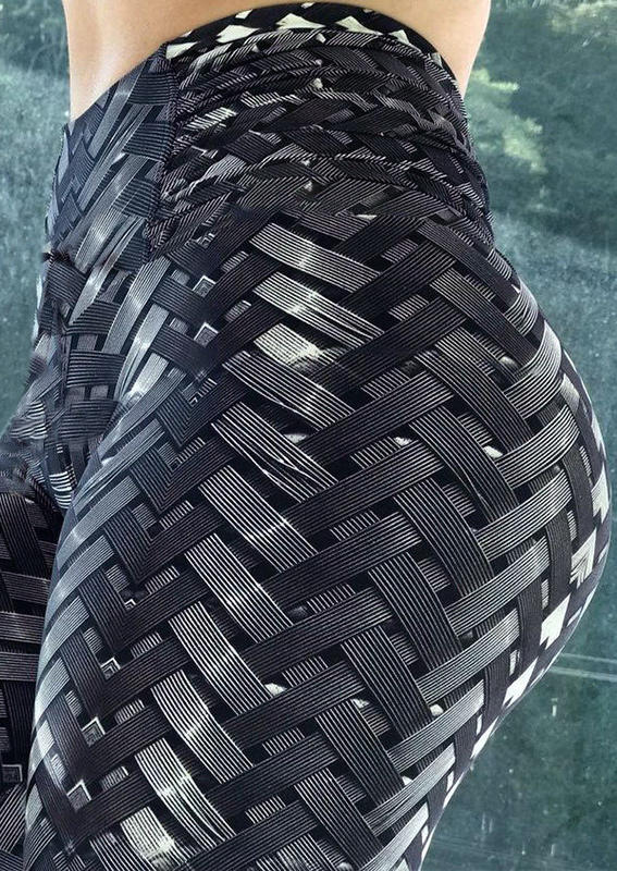

3D Braided Strap Printed Activewear Fitness Sports Leggings - Black, 513178