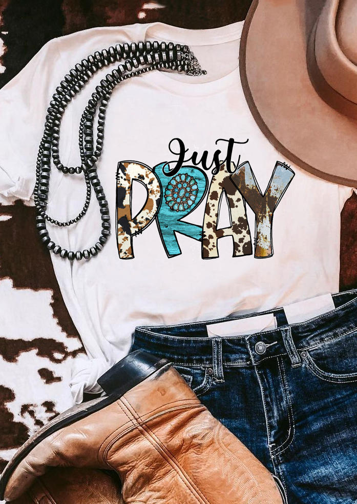 Just Pray Turquoise Cow T-Shirt Tee - White, 513179
