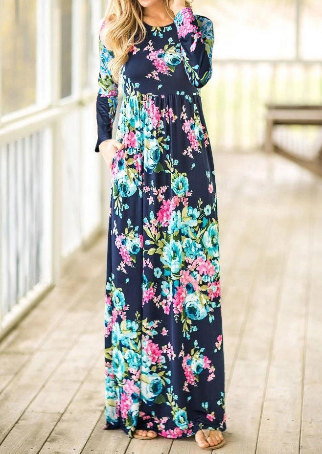 

Floral Pocket Long Sleeve Maxi Dress, Multicolor, 512969