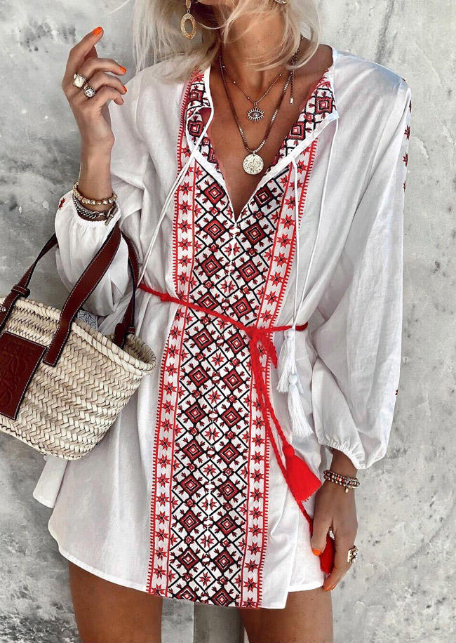 

Ethnic Style Tassel Drawstring Long Sleeve Mini Dress - White, 512983