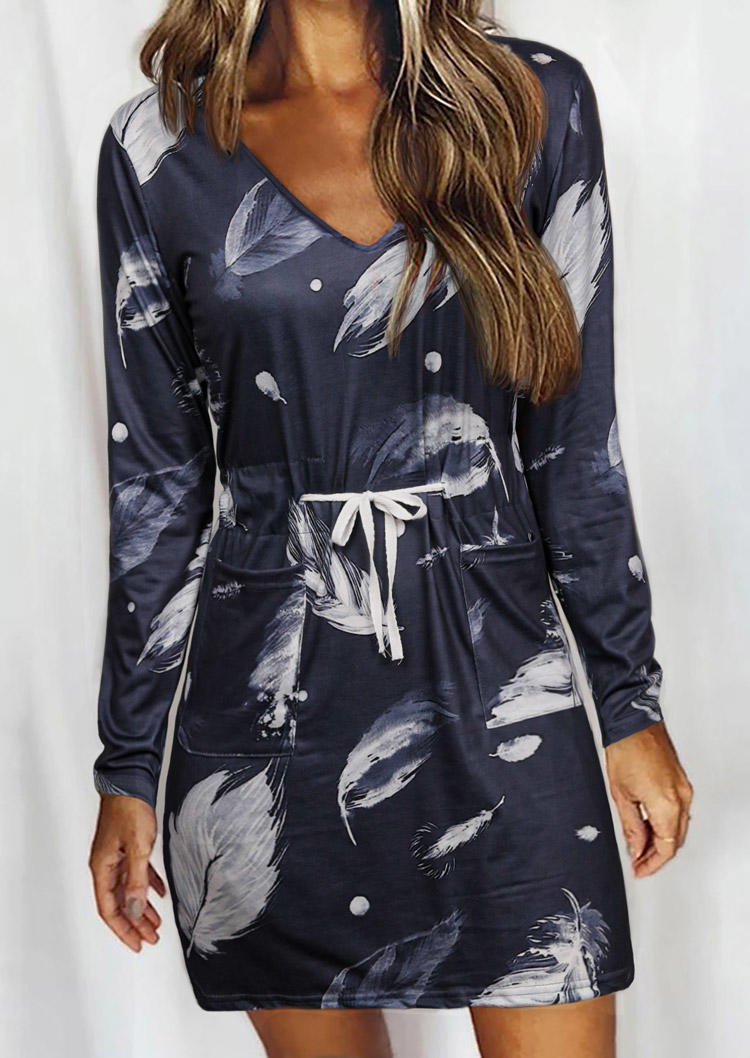 

Feather Drawstring Pocket V-Neck Mini Dress - Dark Grey, 513076