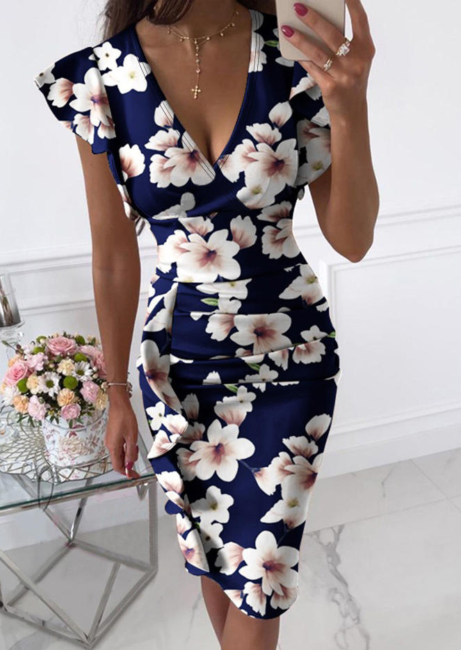 

Floral Ruched Deep-V-Neck Bodycon Dress - Navy Blue, 513084