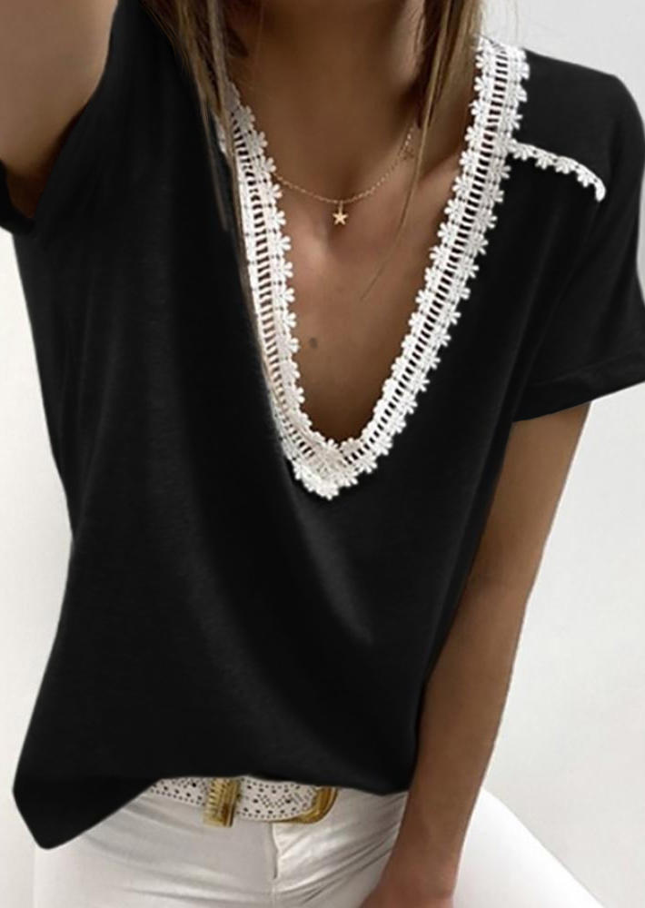 

Lace V-Neck Short Sleeve Blouse - Black, 513113