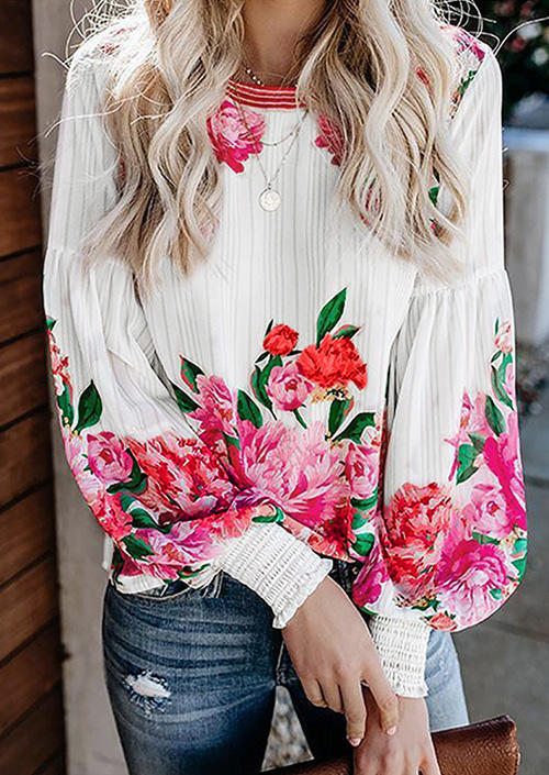 

Floral Smocked O-Neck Lantern Long Sleeve Blouse - White, 513148