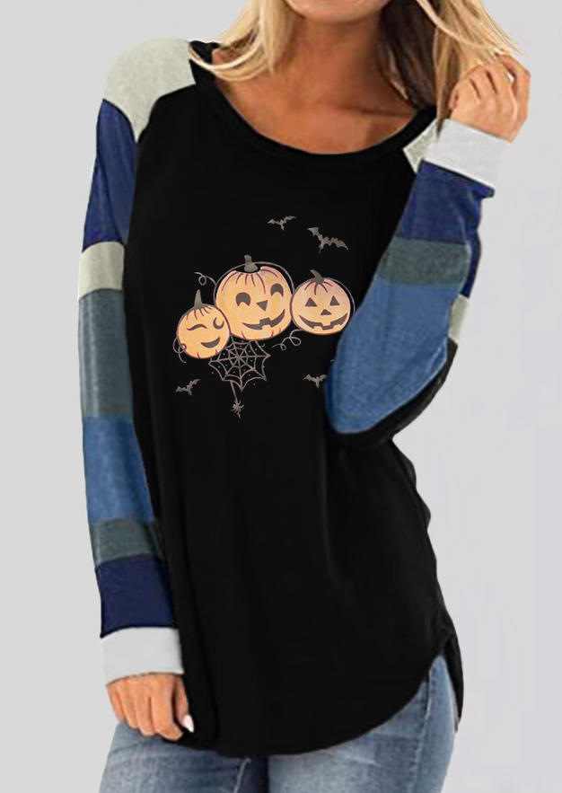 

Halloween Pumpkin Striped Color Block Long Sleeve Blouse - Black, 513222