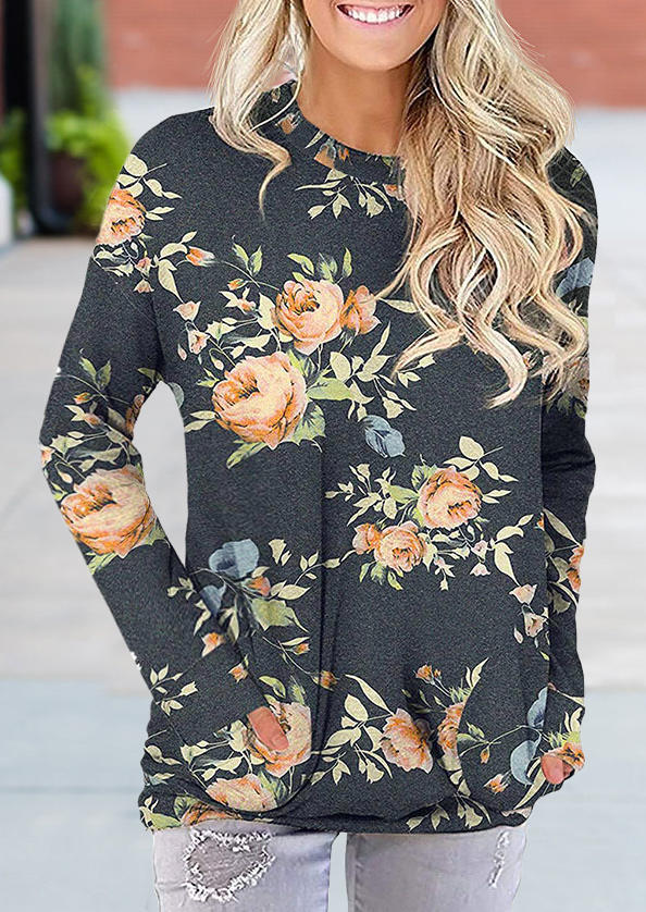 

Floral Pocket Long Sleeve Blouse - Dark Grey, 513227