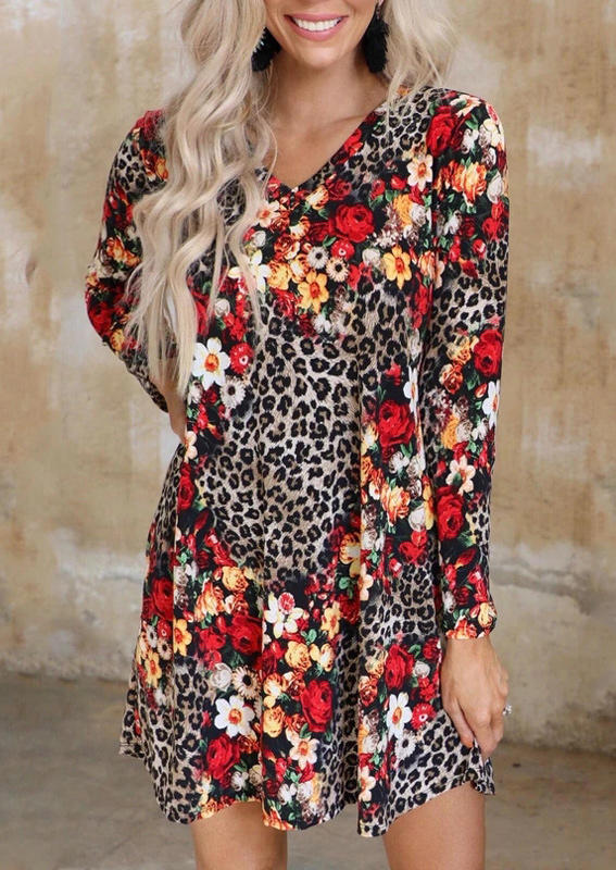 

Leopard Floral Pocket Long Sleeve V-Neck Mini Dress, Multicolor, 513307