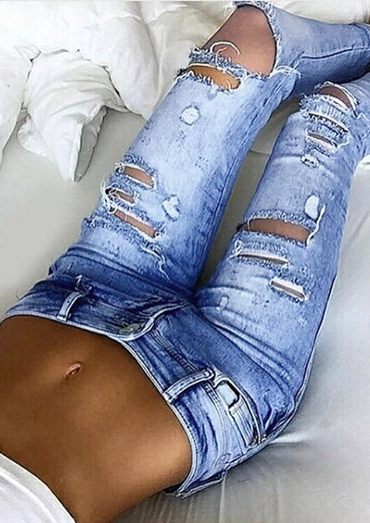 

Ripped Hole Pocket Zipper Denim Jeans Pants - Blue, 510019