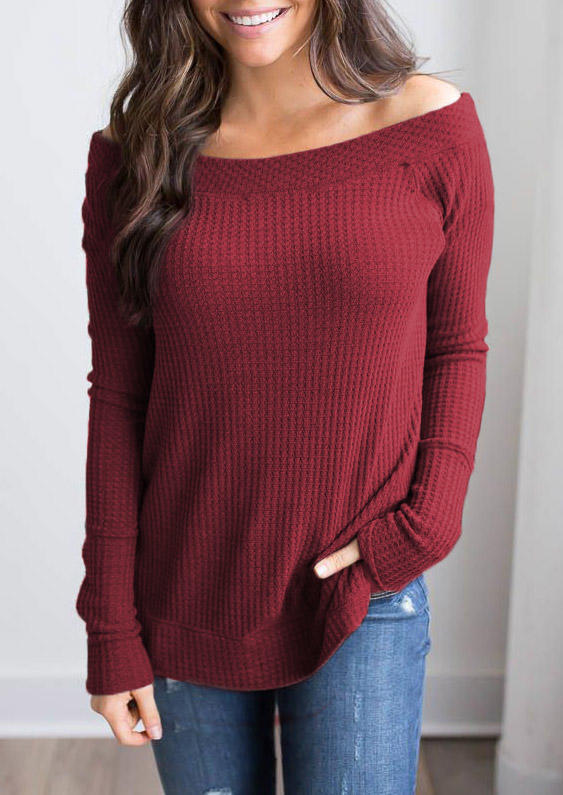 

Waffle Off Shoulder Long Sleeve Blouse - Burgundy, 510458