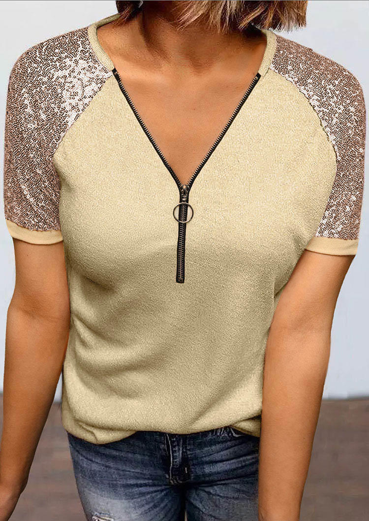 

Sequined Zipper Collar Casual Blouse - Apricot, 510709