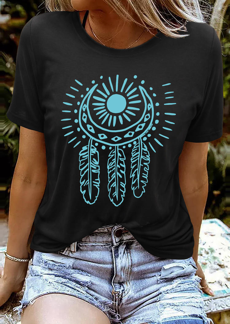 

Vintage Sun And Moon Feather T-Shirt Tee - Black, 512964