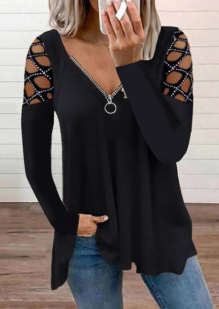 

Rhinestone Cold Shoulder Zipper Collar Blouse - Black, 513242
