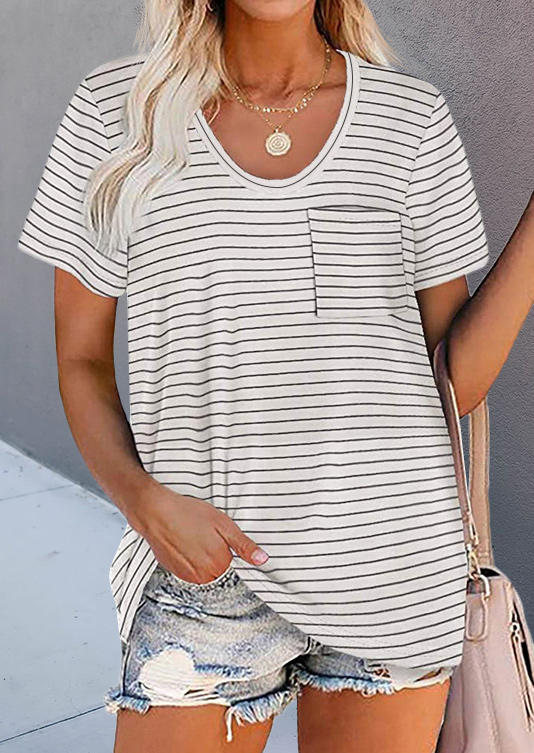 

Striped Pocket Short Sleeve Casual Blouse, Stripe, 513246