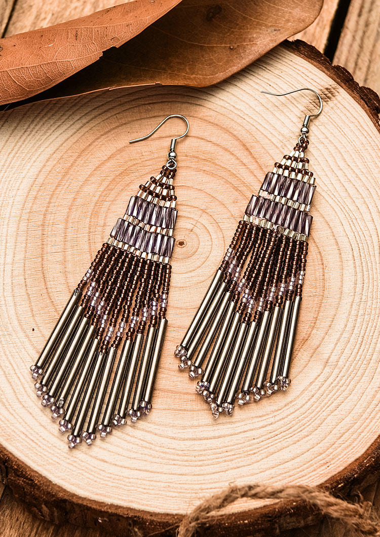 

Bohemian Beading Tassel Hook Earrings, Gray, 513303