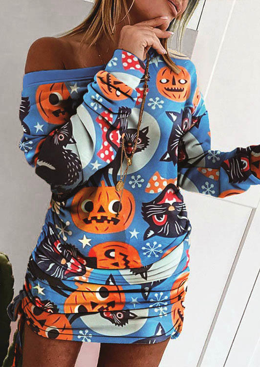 

Halloween Pumpkin Black Cat Drawstring Ruched Mini Dress - Blue, 513315