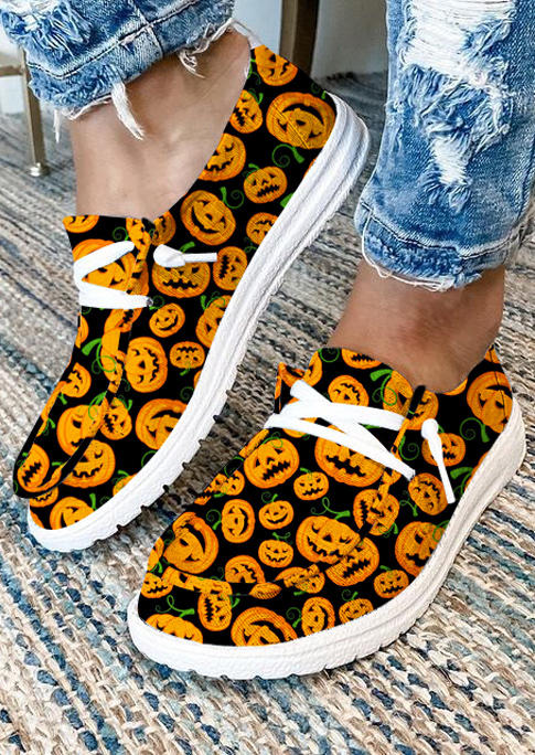

Halloween Pumpkin Face Slip On Flat Sneakers - Orange, 513438