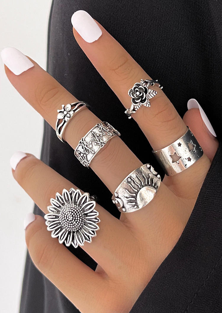 

6Pcs Sunflower Hollow Out Star Alloy Ring Set, Silver, 513446