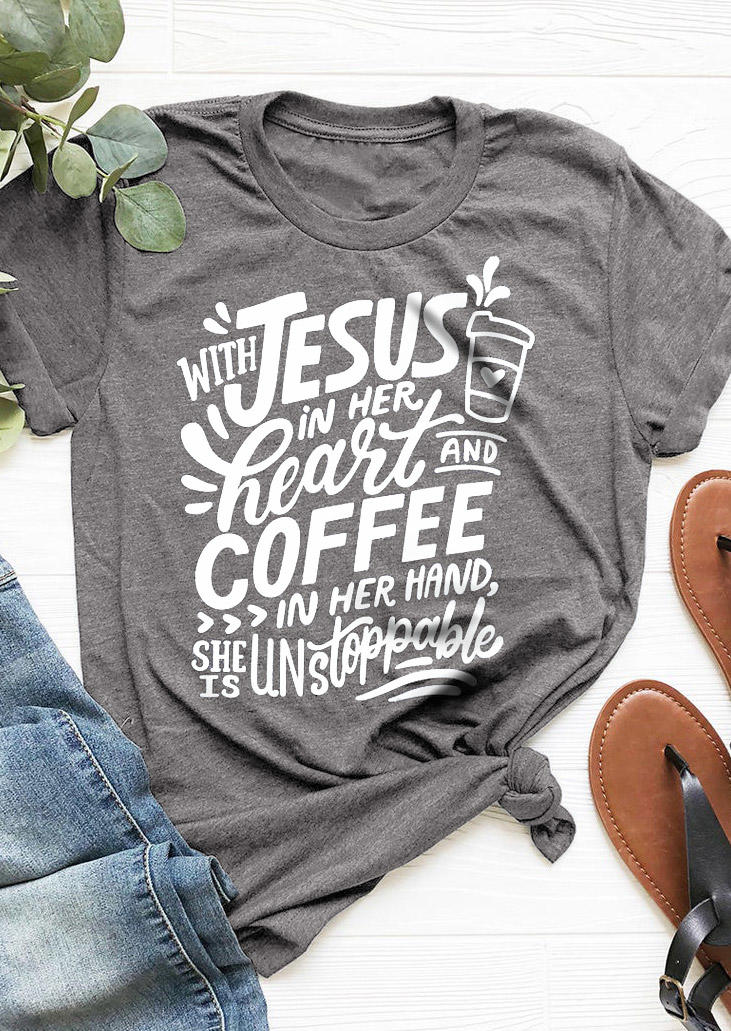 

Jesus In Her Heart And Coffee In Her Hand T-Shirt Tee - Gray, 513476