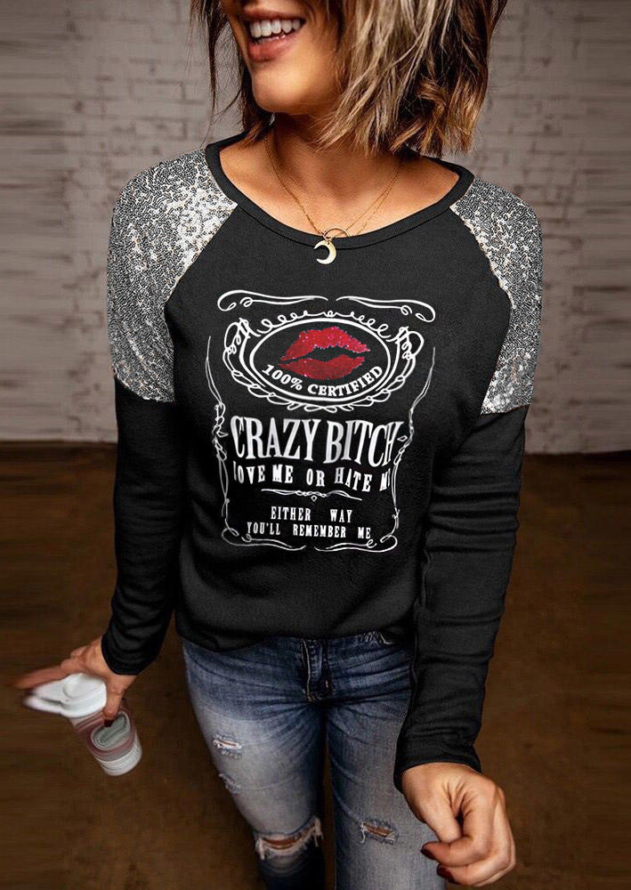 

Crazy Bitch Love Me Or Hate Me Lips Sequined Blouse - Black, 513536