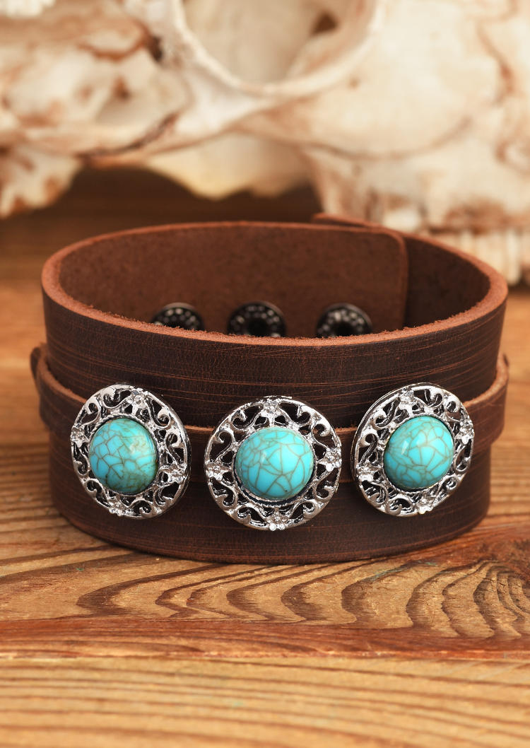 

Vintage Turquoise Hollow Out Leather Bracelet, Black;coffee, 511474