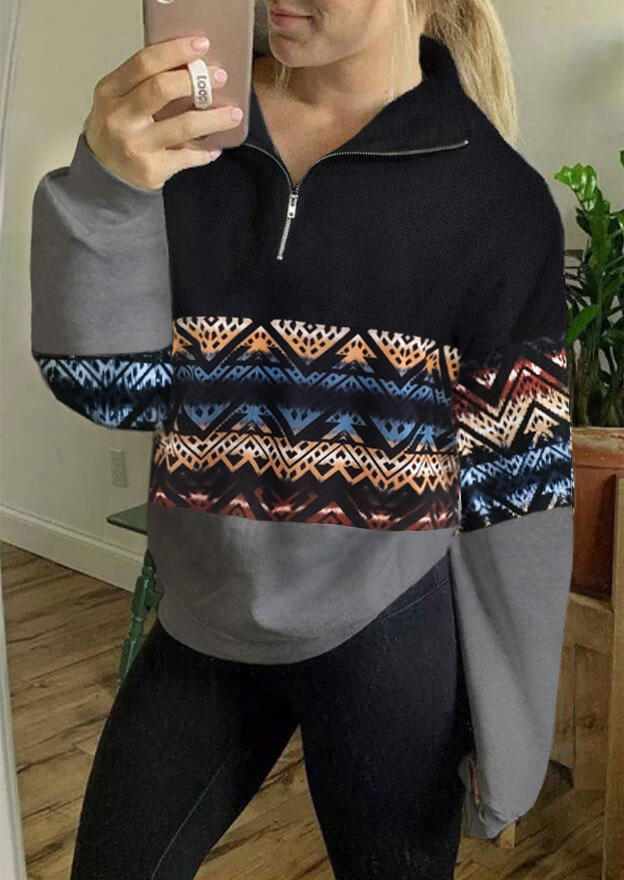 

Zigzag Zipper Splicing Long Sleeve Sweatshirt, Multicolor, 511013