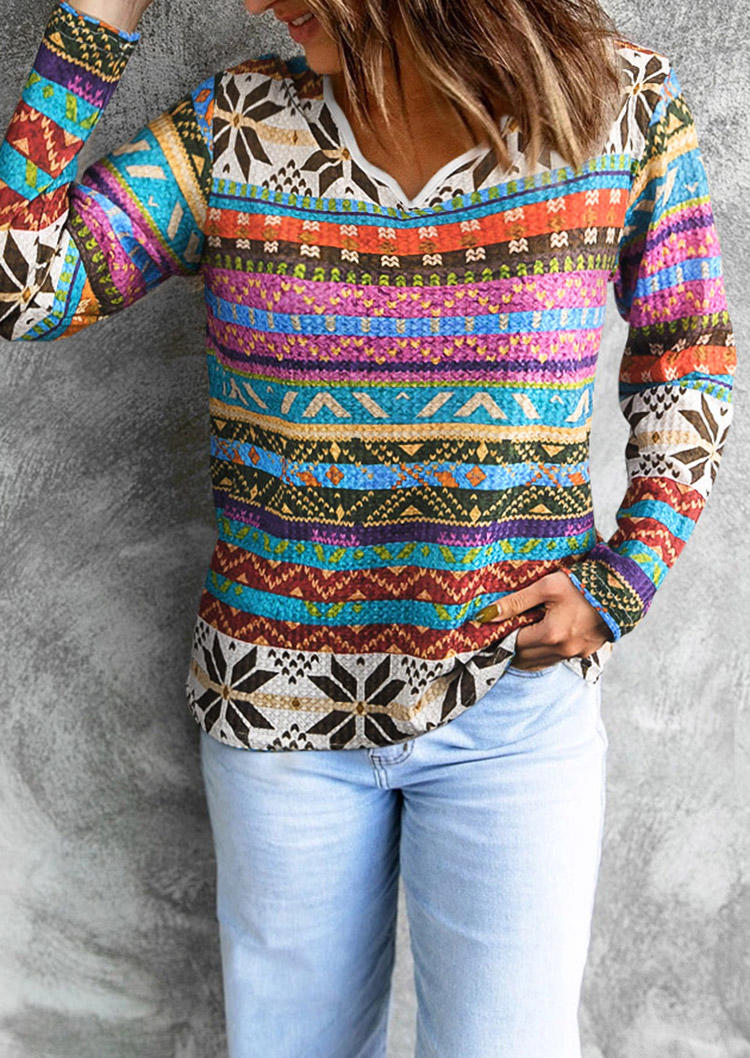 

Colorful Geometric Long Sleeve Blouse, Multicolor, 513365