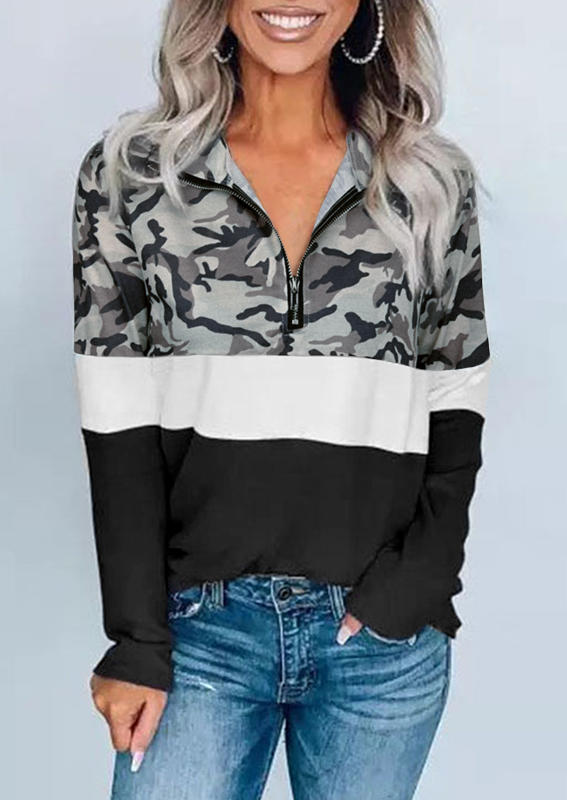 

Camouflage Zipper Patchwork Long Sleeve Blouse, Multicolor, 513443