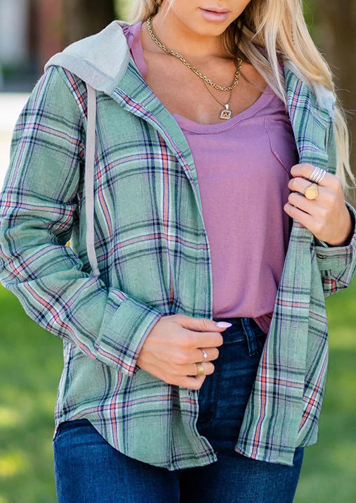 

Plaid Drawstring Pocket Long Sleeve Hooded Shirt, 513484