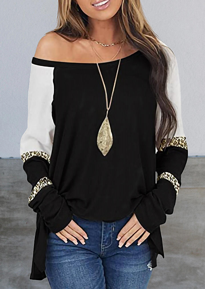 

Leopard Splicing Color Block Blouse - Black, 513487