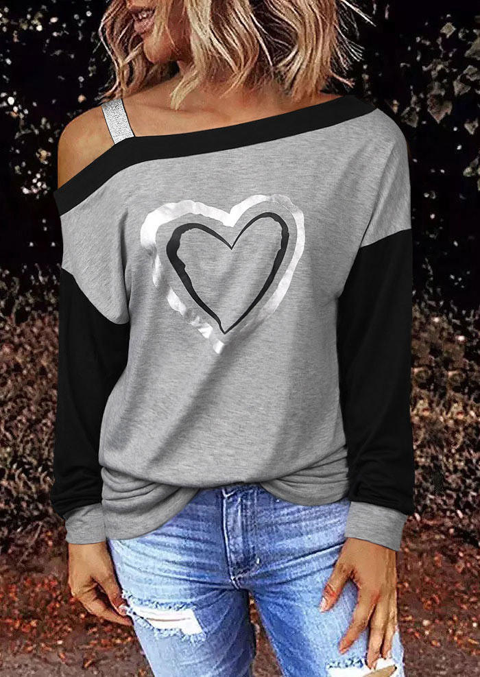 

Heart Color Block Long Sleeve Blouse - Gray, 513489