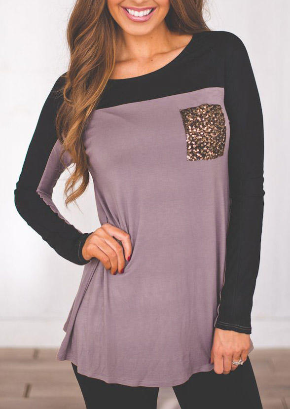 

Color Block Sequined Pocket Long Sleeve Blouse - Purple, 513518