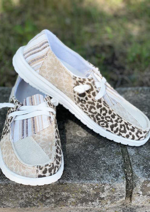 Leopard Floral Vertical Striped Round Toe Flat Sneakers