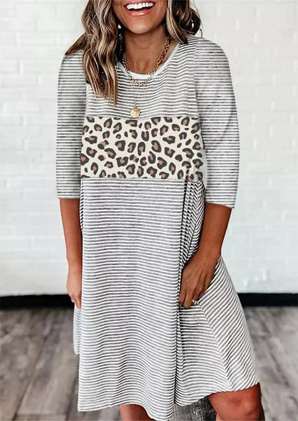 

Leopard Striped Long Sleeve O-Neck Mini Dress, Multicolor, 513534