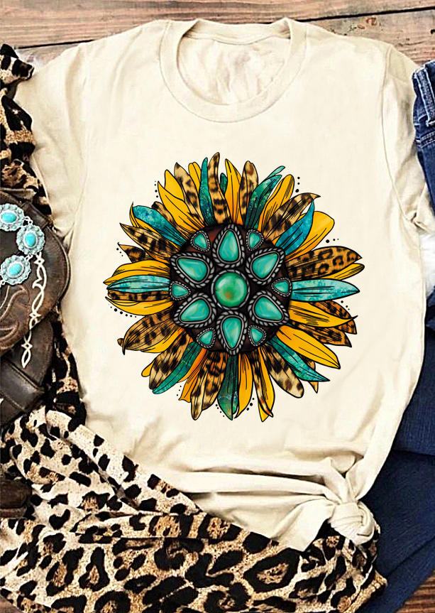 

Leopard Sunflower Turquoise O-Neck T-Shirt Tee - Beige, 513559