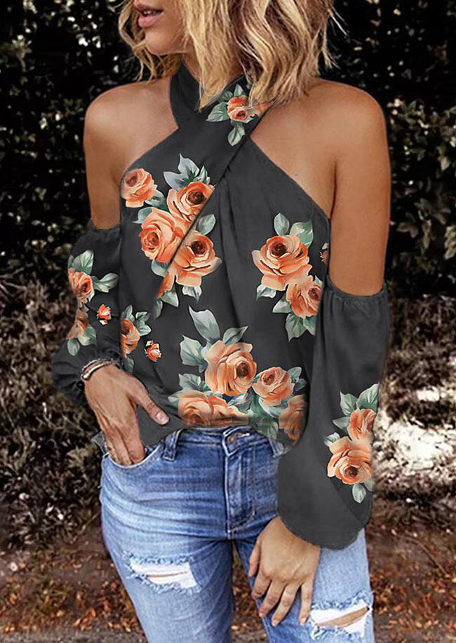 

Rose Halter Cold Shoulder Long Sleeve Blouse - Dark Gray, Dark grey, 509232