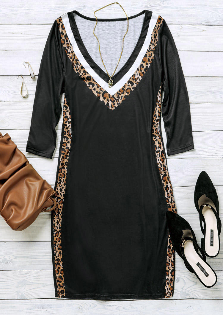 Buy Leopard V-Neck Three Quarter Sleeve Bodycon Dress - Black. Picture