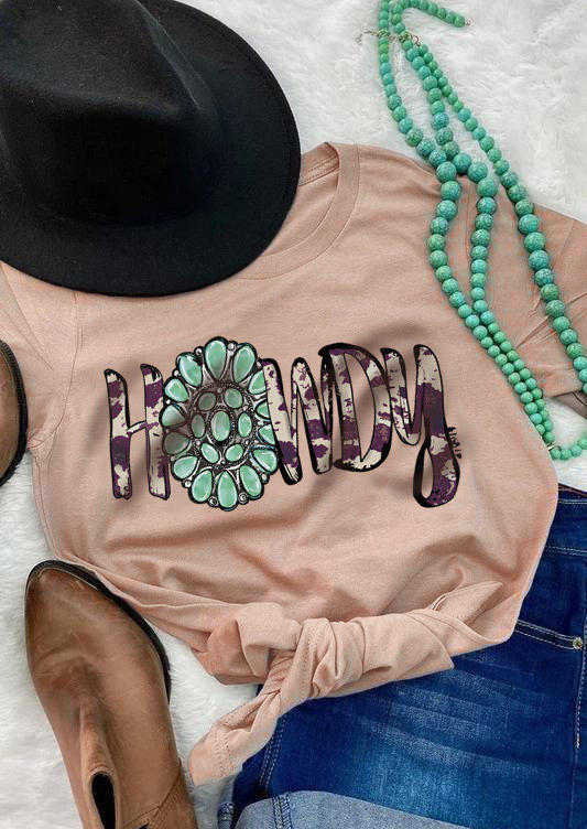 

Howdy Cow Turquoise T-Shirt Tee - Cameo Brown, 513045