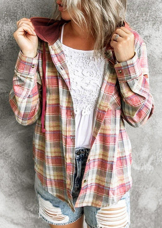 

Plaid Button Long Sleeve Hooded Shirt, 513477