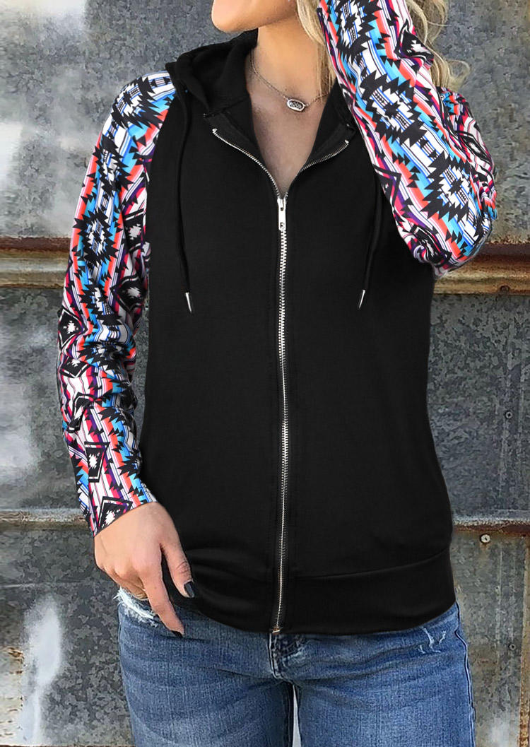 

Aztec Geometric Zipper Drawstring Hooded Coat, Multicolor, 513493
