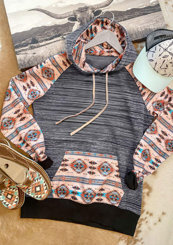 

Aztec Geometric Kangaroo Pocket Drawstring Hoodie, Multicolor, 513516
