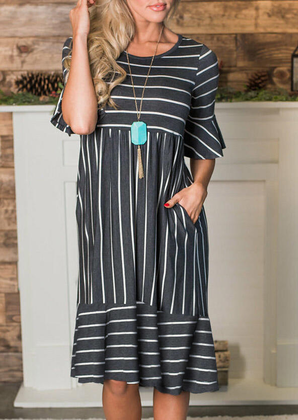Striped Pocket Flare Sleeve Midi Dress