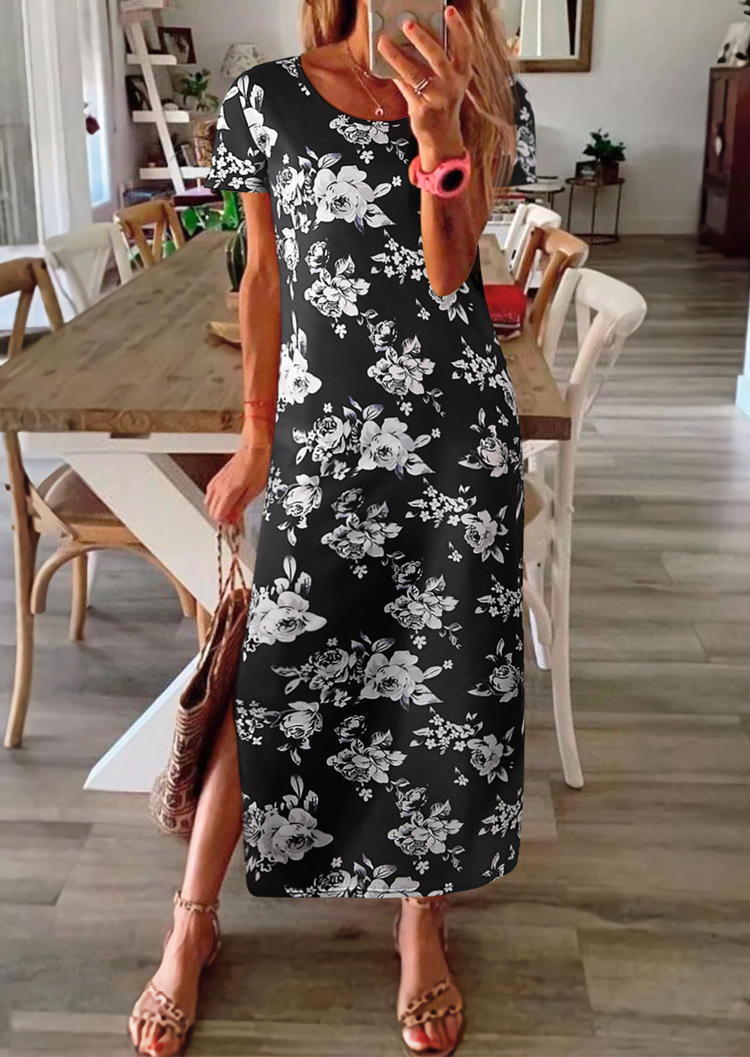 

Floral Side Split Maxi Dress - Black, 513535