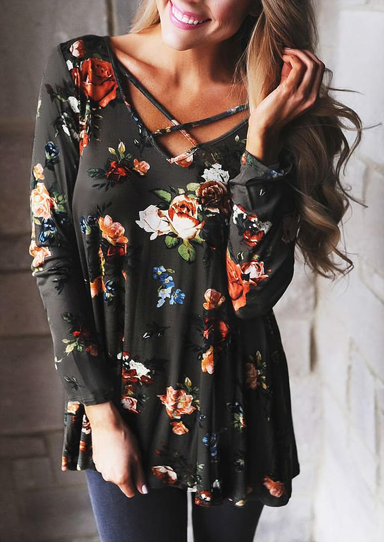 

Floral Criss-Cross V-Neck Blouse, Multicolor, 513540